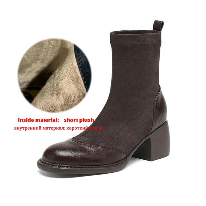 Krazing Po Microfiber Flock Winter Round Toe Size 33 Chelsea Boots Size 43 Zipper Thick High Heels Elastic Ankle Boots