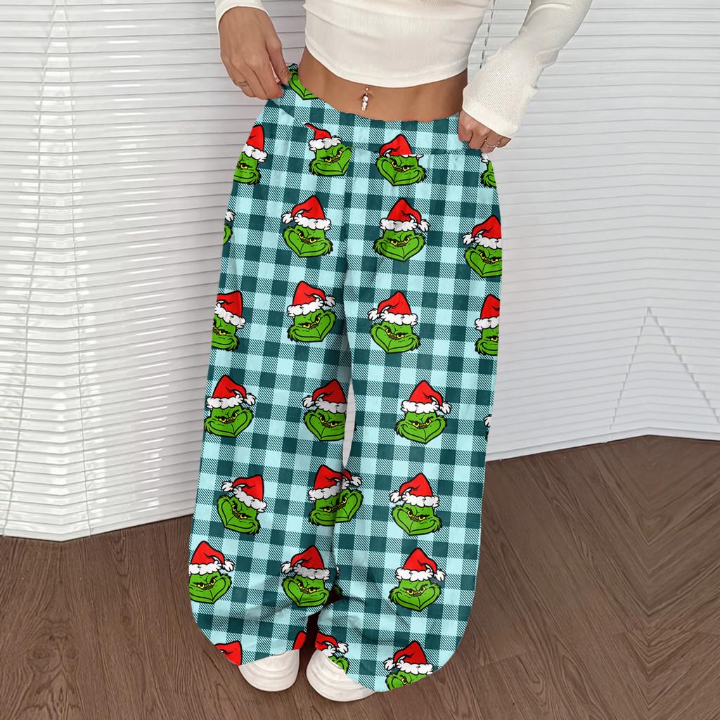 Damen Casual Weihnachten Print Elastischer Bund Lockerer Schnitt Mit Plüsch Weites Bein Hose