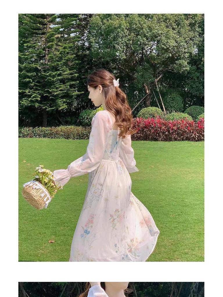 2024 Floral French Tea Break Chiffon Dress for Women - Spring Style with Goddess Elegance
