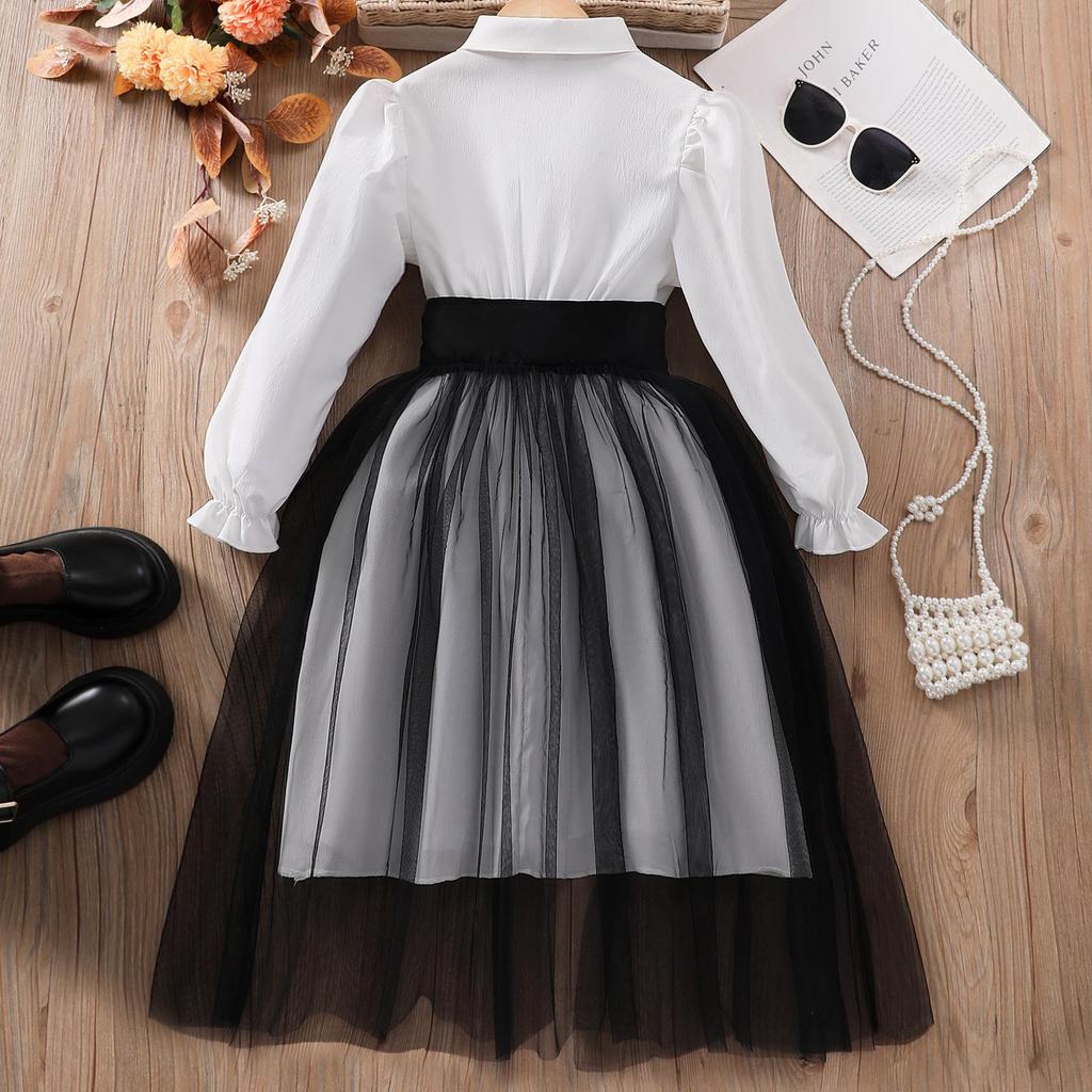 Girls' Long-Sleeve Mesh Patchwork Dress with Waistband and Turn-Down Collar
