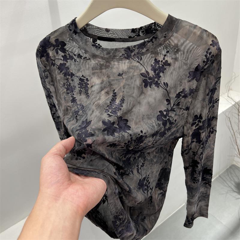 

Серый сетчатый топ с длинным рукавом: Легкий, Модный, Принтованный Флоковый Дизайн для Весны и Осени. M серый