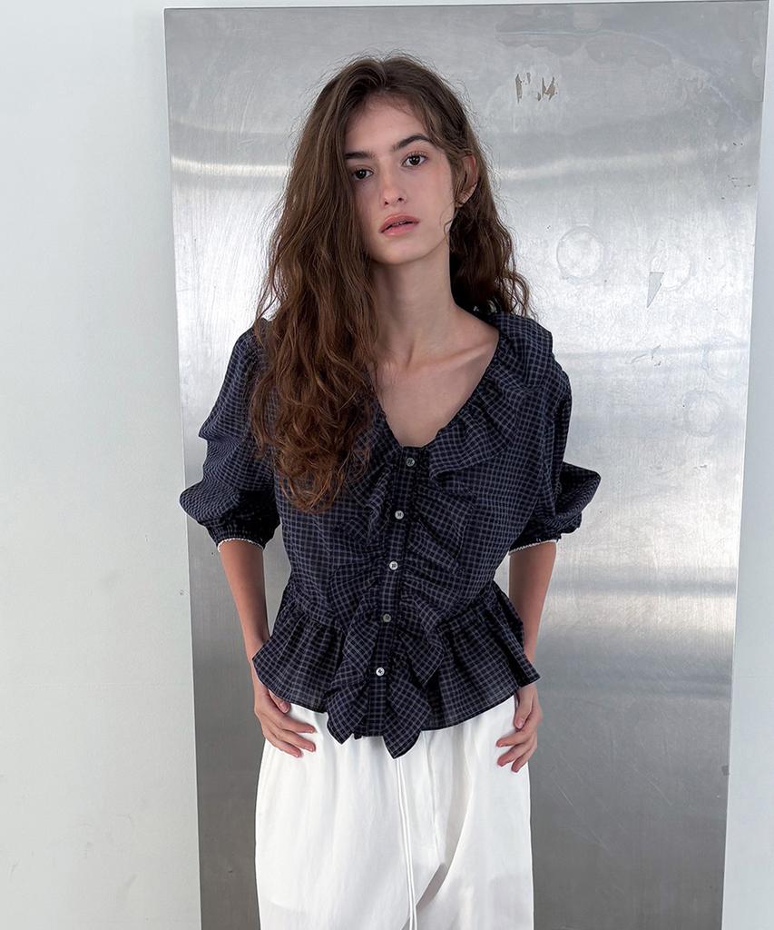 Poeteuseoul Voluminous Blouse_Check Navy