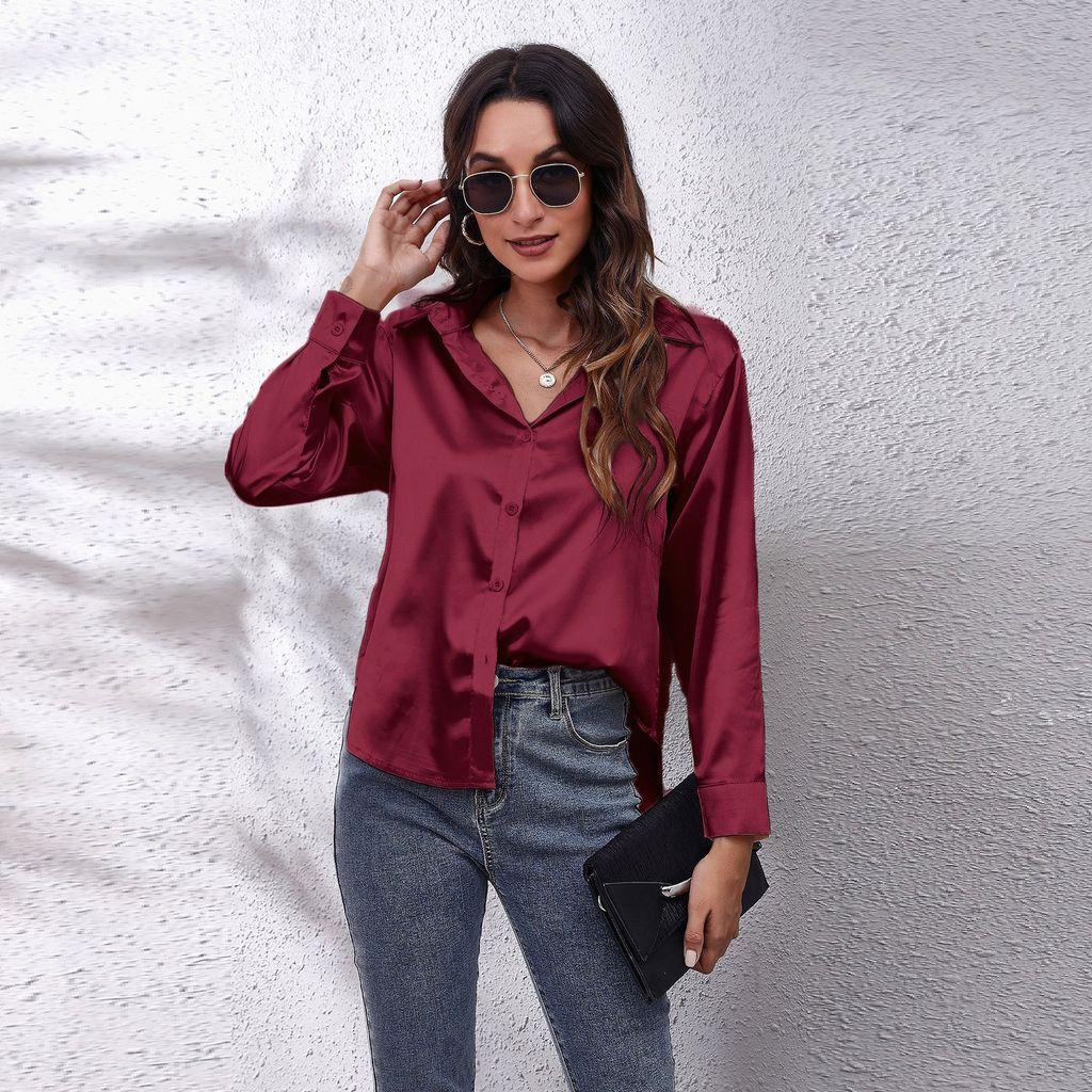 Satijnen Blouse Voor Dames Met Lange Mouwen En Knoopsluiting Voor Kantoor
