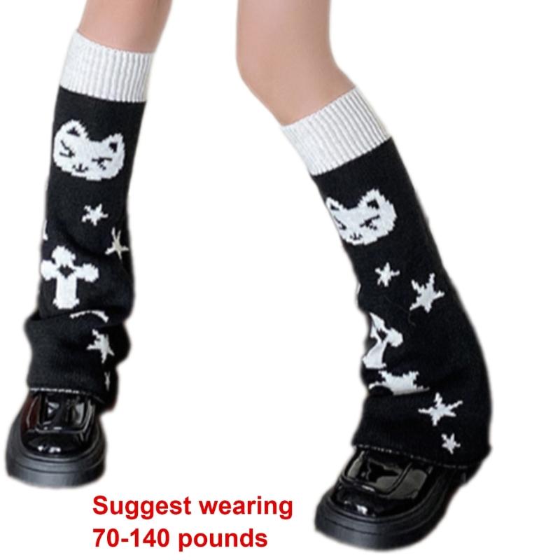 Reversible Knitted Long Tube Leg Warmers with Cute Cats Pattern for Women Punk Grunge Flared Boot Covers Footless Socks