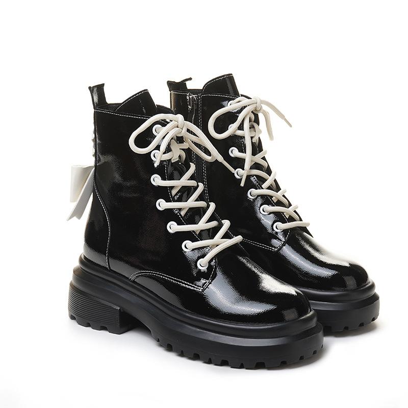 Boots For Women With Pink Bow Contrast Color Patent Leather Biker British Style Platform Ankle Boots Non-slip Thick Sole Shoes