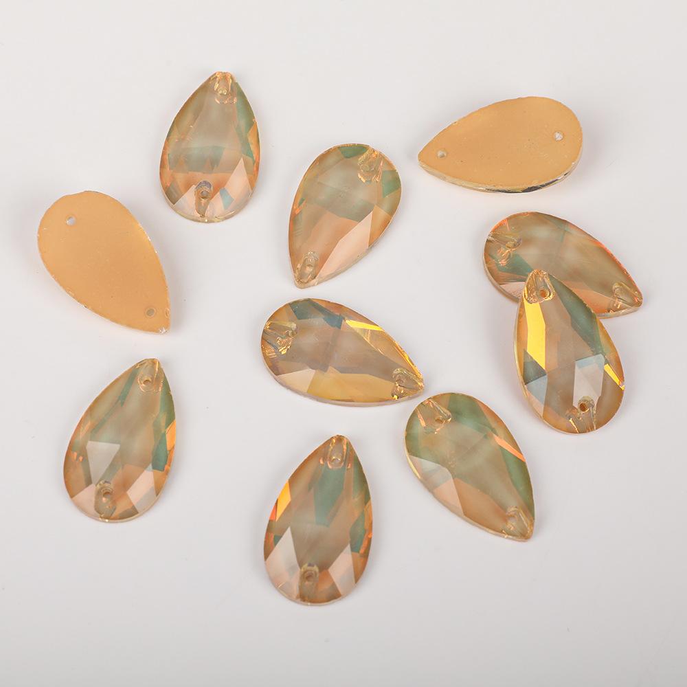 Water Drop Shaped Fluorescent Mocha Protein Glass Flat Buckle Hand Seam Drill, Double Hole Water Diamond Flat Bottom Drill Diy Material Package