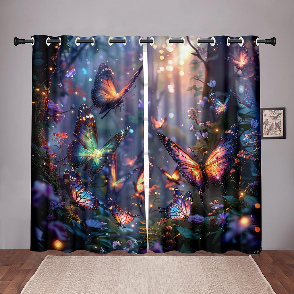 

2 шт. Волшебные шторы с бабочками 3D Night Glow Forest Print Спальня Гостиная Декор Красочные насекомые Фэнтези Пейзаж 120W270H(CM)X2PCS&Grommet Top