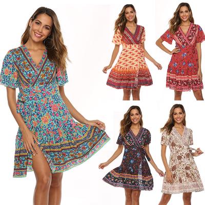 Women's Dresses Summer New Women's Bohemian Beach Resort Style Short Sleeve Deep V Large Fold Printed Dress