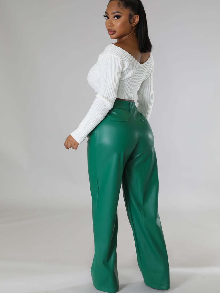 New Autumn Winter PU Women's Wide Leg Pocket Casual Leather Pants