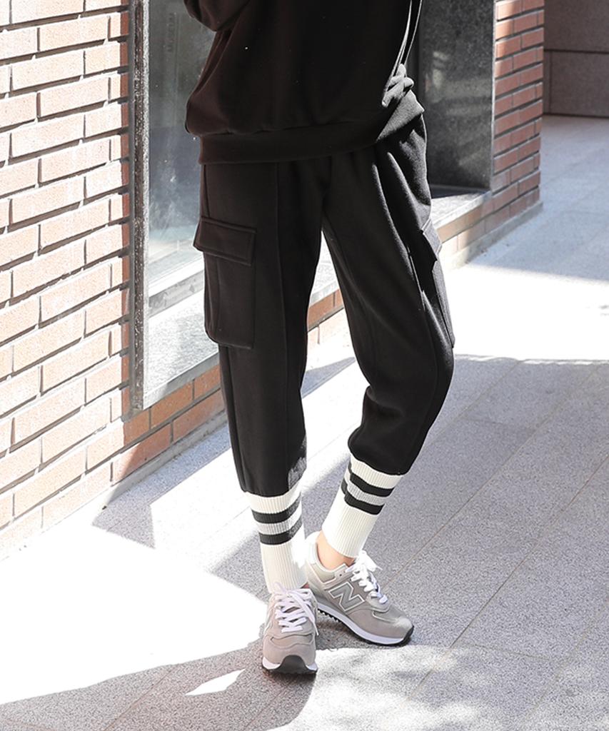Jikeulib Warm Fleece-Lined String Elastic Pocket Cargo Contrast Hem Long Sock Jogger Pants