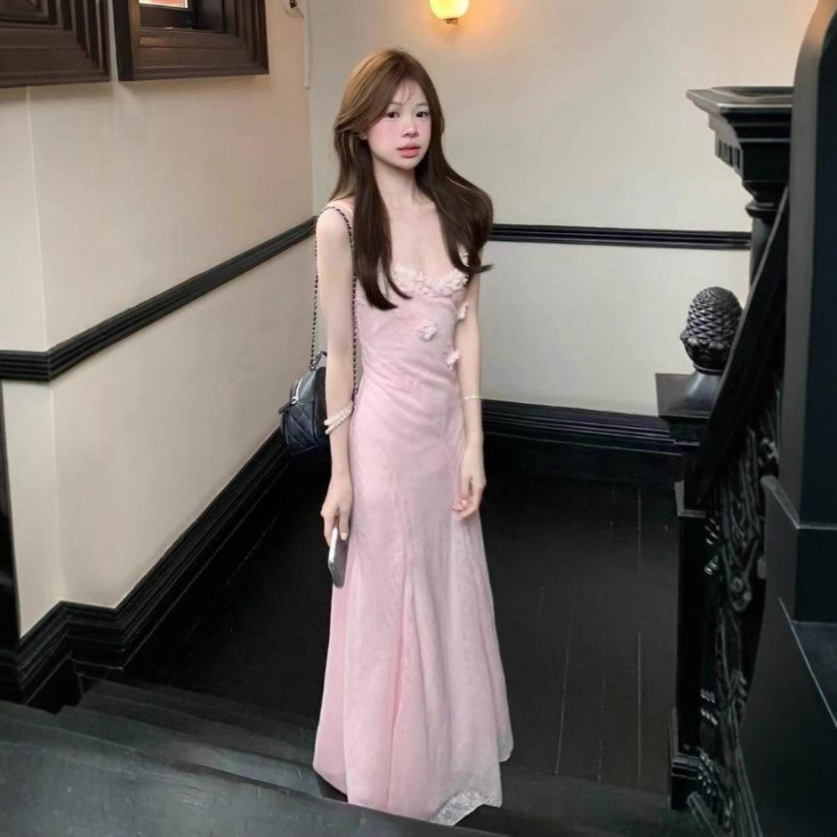 Three-dimensional flower pink suspender dress women's summer French slim-fit fishtail dress gentle waist and hip skirt