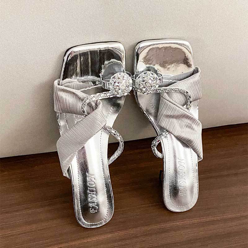 

Medium heel one-word slippers women s new summer outer wear with skirts exquisite fashion summer thick heel cool slippers women 40 серебряный