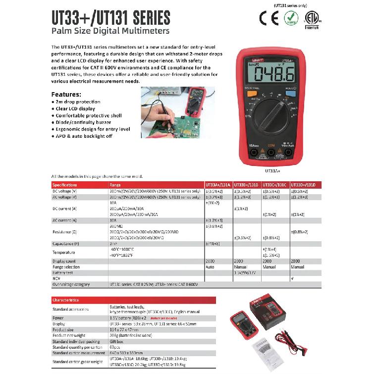 UNI-T UT33+ series handheld digital multimeter UT33A+/UT33B+/UT33C+/UT33D+; LCD backlit display