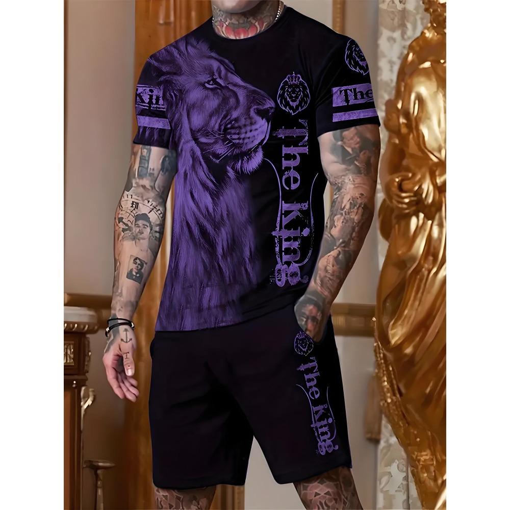 Fashion Lion Pattern Shorts Short Sleeved Set Men's Quick Drying Sports T-shirt Drawstring Shorts Two-piece Set Men's T-shirt