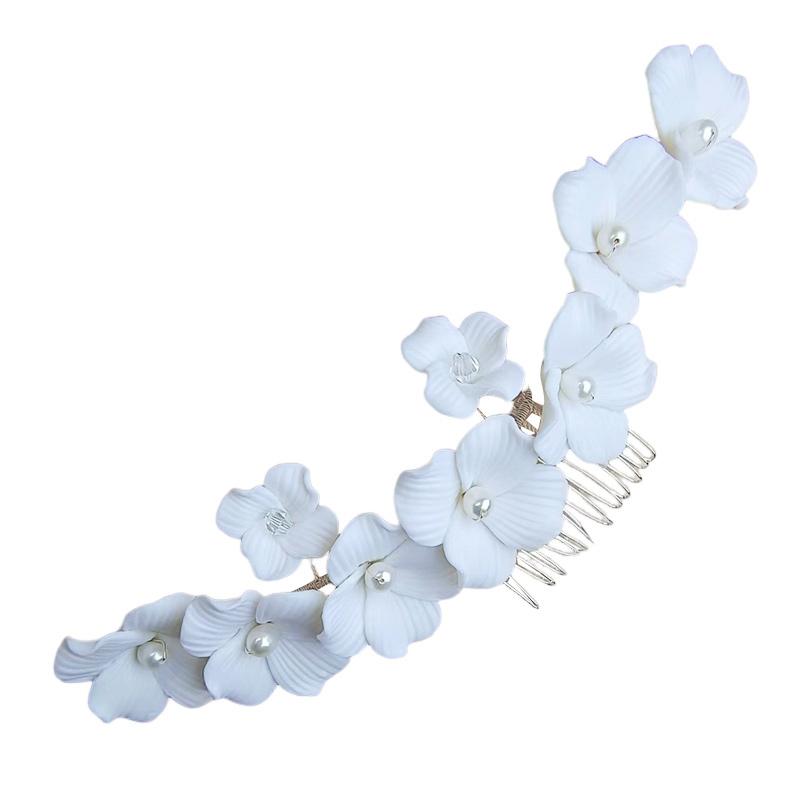 Handmade Soft Ceramic Hair Combs Messy Bun Maker with Pearls Decor for Female Daily Headdress Jewelries