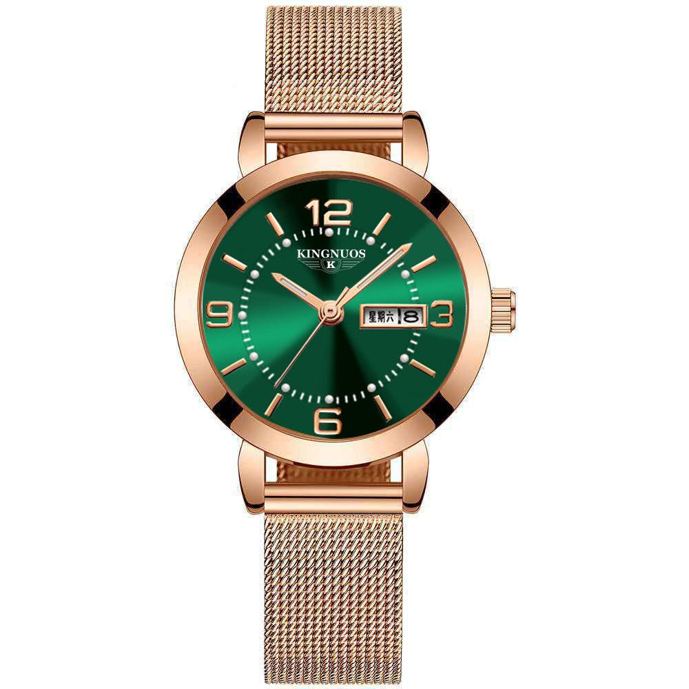 

KINGNUOS кварцевые часы немеханические женские часы светящиеся водонепроницаемые двойной календарь женские наручные часы со стальным ремешком