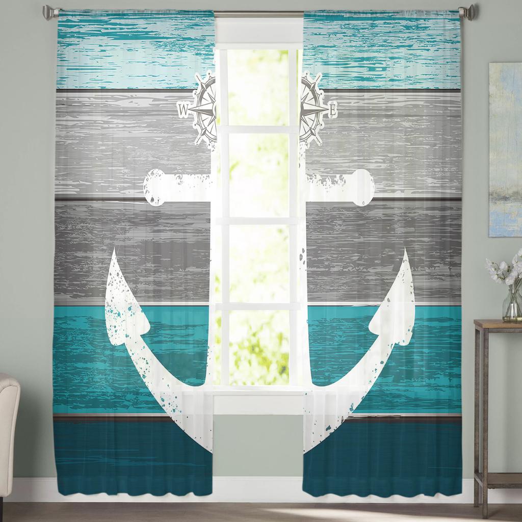 Vintage Farm Barn Wood Grain Boat Anchor Sheer Curtains for Living Room Modern Bedroom Voile Tulle Curtain Window Drapes