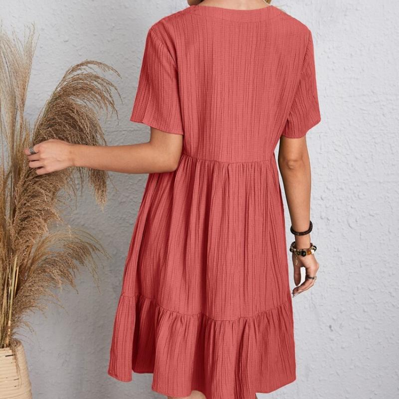 QICED Abiti casual a vita alta con scollo a V a maniche corte con stampa tinta unita primavera estate moda donna