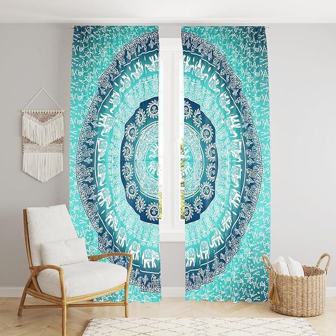 Bless International Beautiful Indian Bohemian Psychedelic Hippie Tree of Life Window Curtain Panels for Bedroom, Living(Green Elephant Mandala)