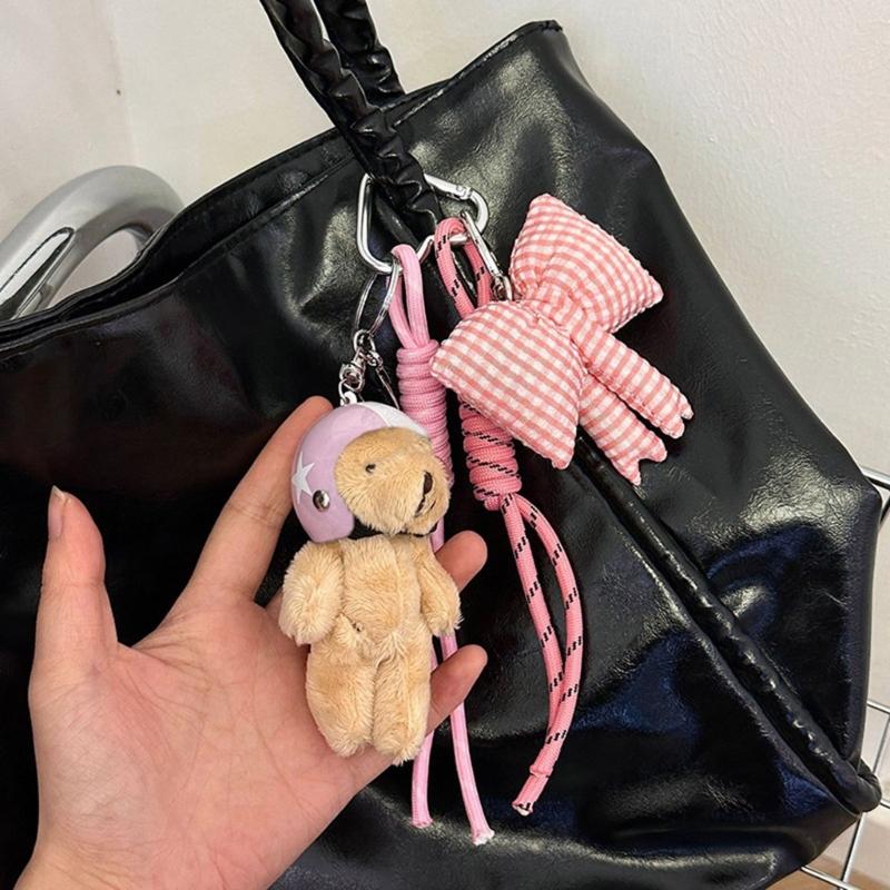 Stylish Plush Helmet Bear Keychain with bowknot Keychain Perfect For Backpacks Luggage Fashionable Daily Companion