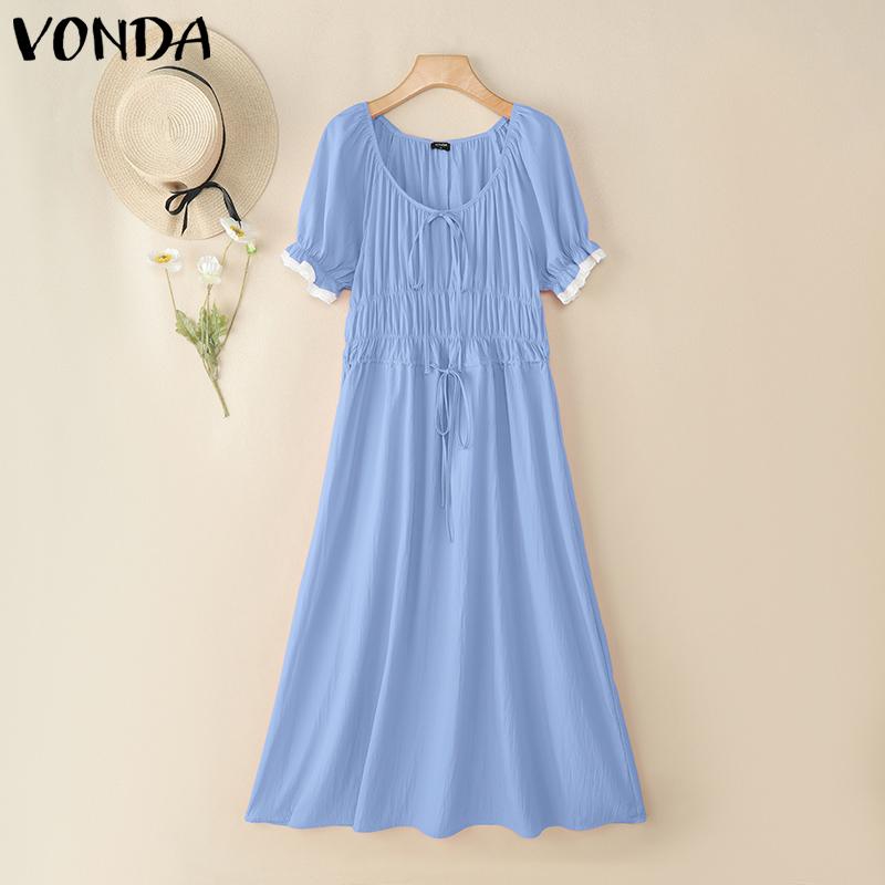 

VONDA Женское платье макси с круглым вырезом, рукавами-буфами, оборками, кулиской на талии и плиссировкой 5XL синий