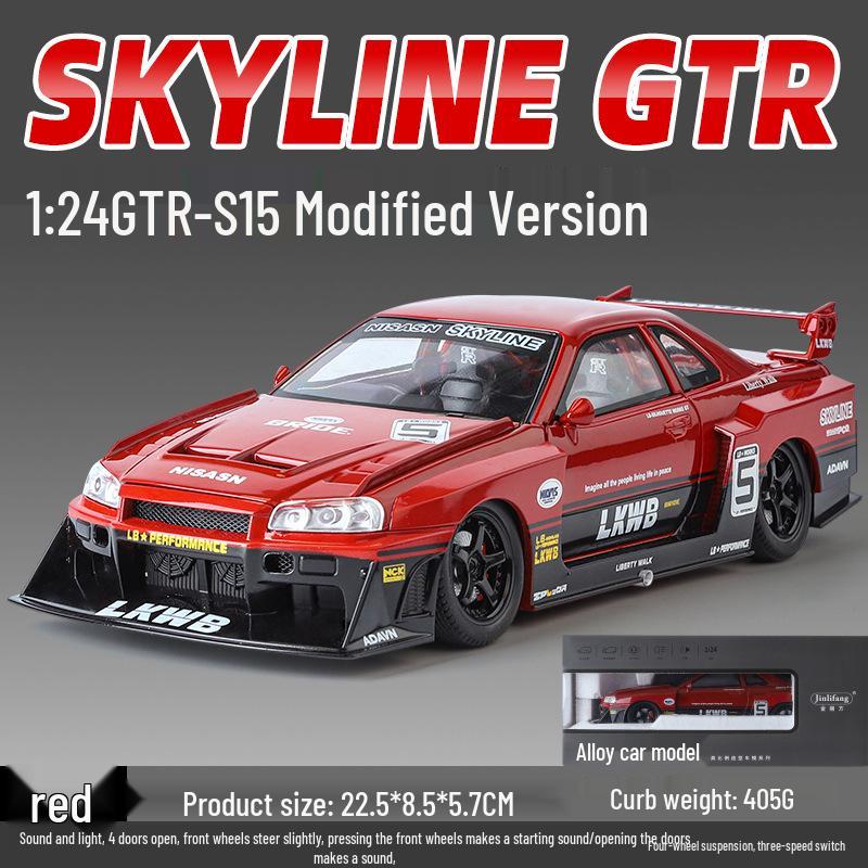 1:24 Alloy GTR R34 Model Car Toy with Sound, Light, Openable Doors, Four-Wheel Steering, and Pull-Back Action