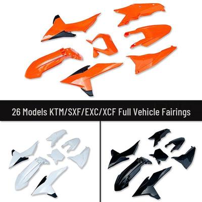 Fits 26 KTM/EXC/SXF/XCF Models: Full Fairings, Fenders, Fuel Tank and Side Covers, Light Covers, License Plates.