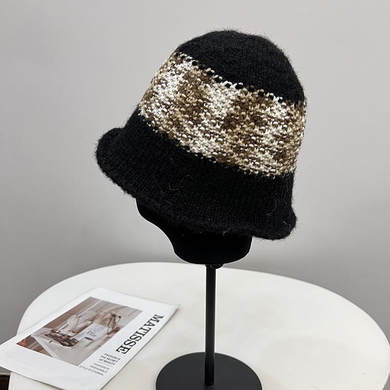 Mohair Wool Knitted Bucket Hat Women's Simple Contrasting Color Hat Waist Fashionable Retro Versatile Fisherman Hat