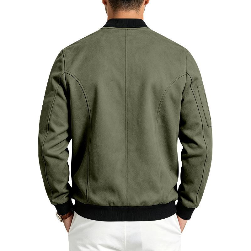 Men Faux‑Suede Bomber Jacket, Snap‑Button Front Contrast Ribbed Collar Cuffs Hem Zippered Sleeve Pocket Side Hand Pockets Casual Streetwear Outerwear