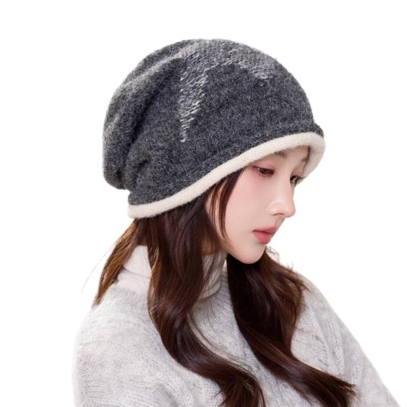 Autumn and winter thickened pile hat women's warm and cold-proof wool hat contrasting color crimped big head circumference bag head hat spot
