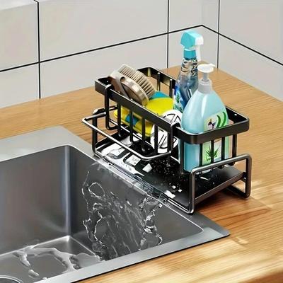 Kitchen Sink Rack Organizer Kitchen Sink Sponge Holder With Self-draining Tray Dish Soap Scrub Dishcloth Shelf Stainless Steel