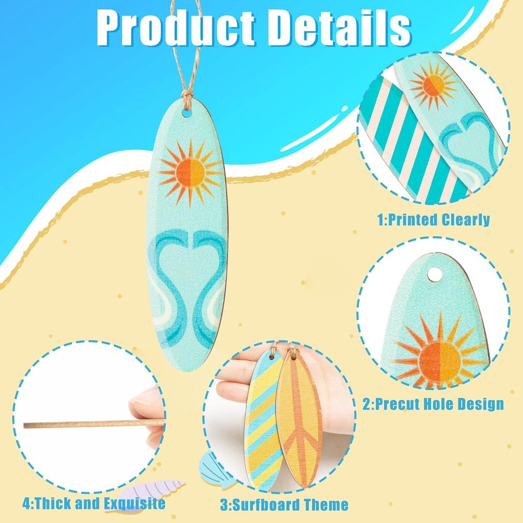 Haooryx Summer Surfboard Surfing Hanging Wooden Ornaments Decorations - 31Pcs Surf Board Shaped Beach Signs Wood Ornament with String for Home Summer