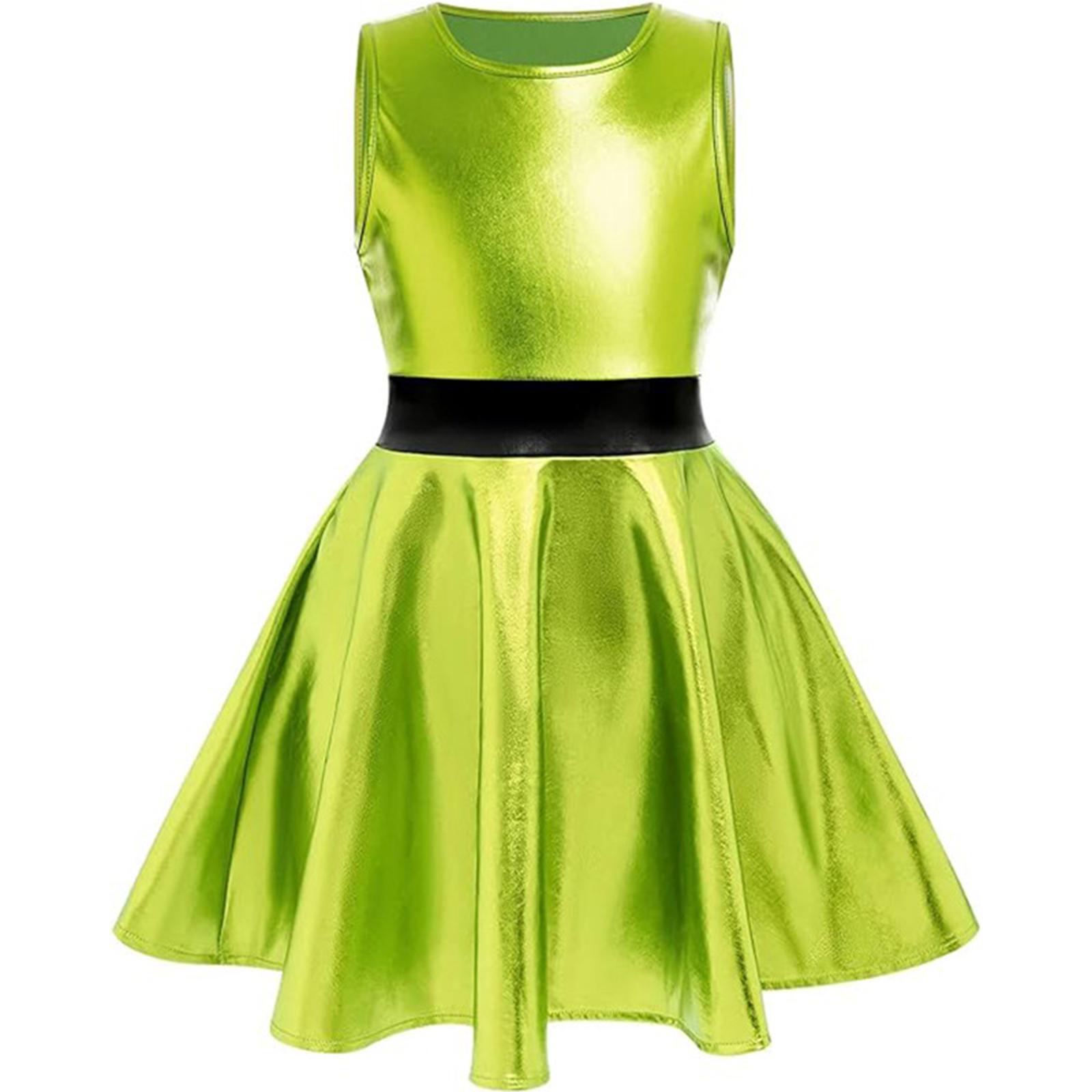 

Дівчаче металізоване вечірнє плаття без рукавів з круглим вирізом, А-силуету, з контрастною талією та потайною блискавкою, Хелловінський наряд 11-12 Years фарби люмінесцентні зелений колір