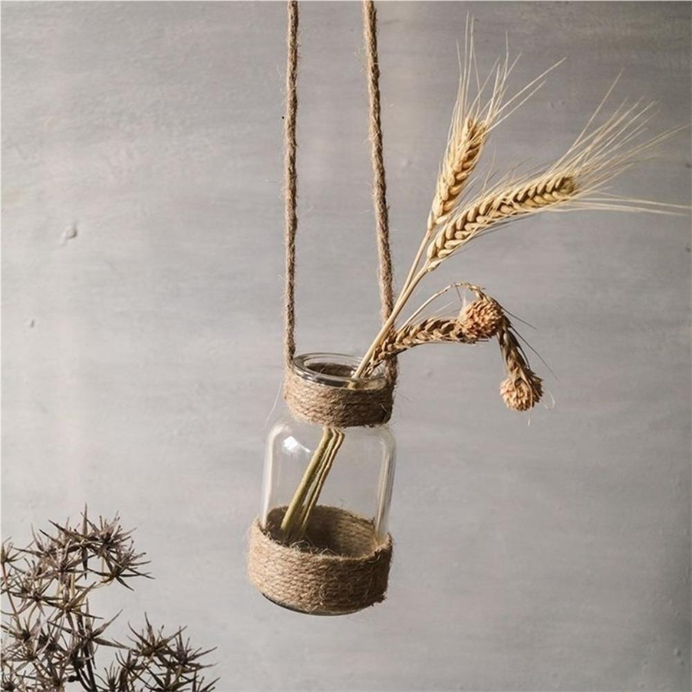 Vintage Nordic Hydroponics Glass Vase Country Style Handmade Hemp Rope Vase for Home Office Restaurant Decorative Plants Fresh