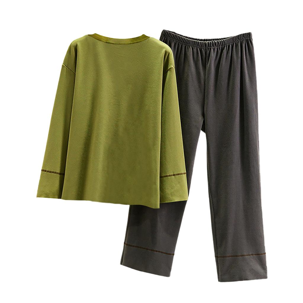 Ladies' Casual And Comfortable Long Sleeved Solid Color With Thick Velvet Sleepwear And Warm Pants Set