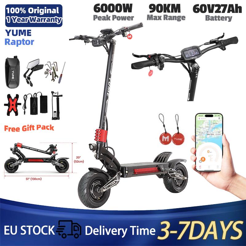 YUME Raptor Elektrická koloběžka 60V30AH 6000W Duální motor 11palcové terénní pneumatiky Maximální rychlost 80 km/h pro dospělé E-koloběžky s Bluetooth