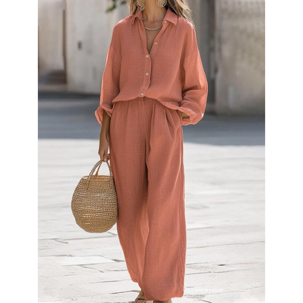 Lady Cotton Linen Shirt Pants Suits Casual Two Piece Set for Women Spring Summer Long Sleeve Top and Wide Leg Pants Loose Outfits