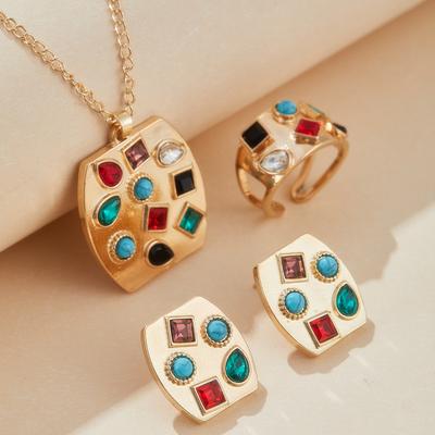 New  Jewelry Set with Colorful Inlaid Zirconia Pendant Necklace Earrings Ring Holiday Party Accessories 3pcs/set