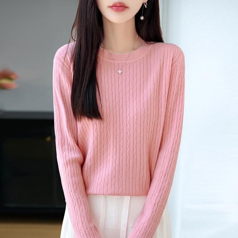 2026 Autumn Women's Round Neck Cable Knit Jacquard Pullover Sweater, Long Sleeve