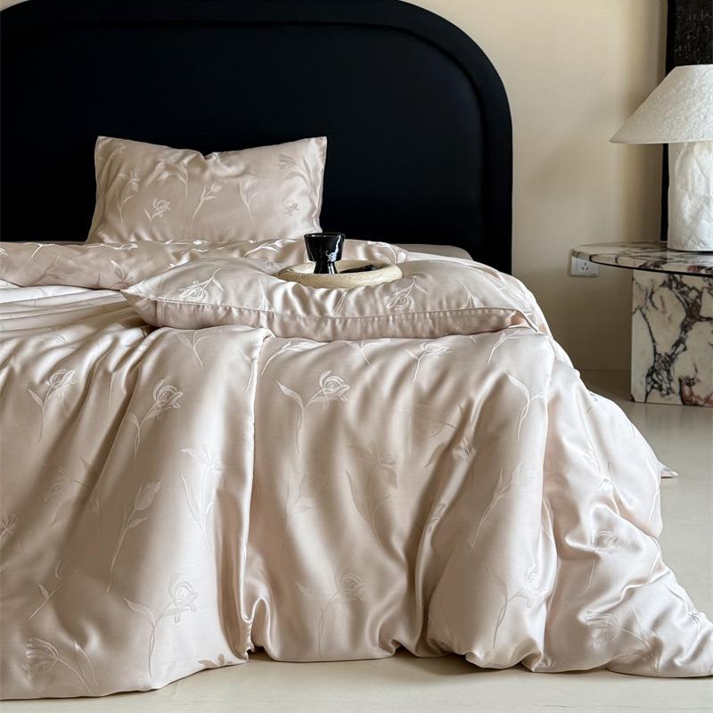 Light Luxury Lenzing Tencel Four-Piece Set, Summer Lyocell Jacquard Flower Quilt Cover, Ice Silk Nude Single Three-Piece Set
