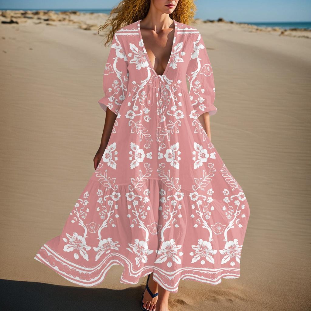 Women's Summer Fashion V-neck Retro Floral Print Short Sleeved Beach Dress With Lace Patchwork Dress