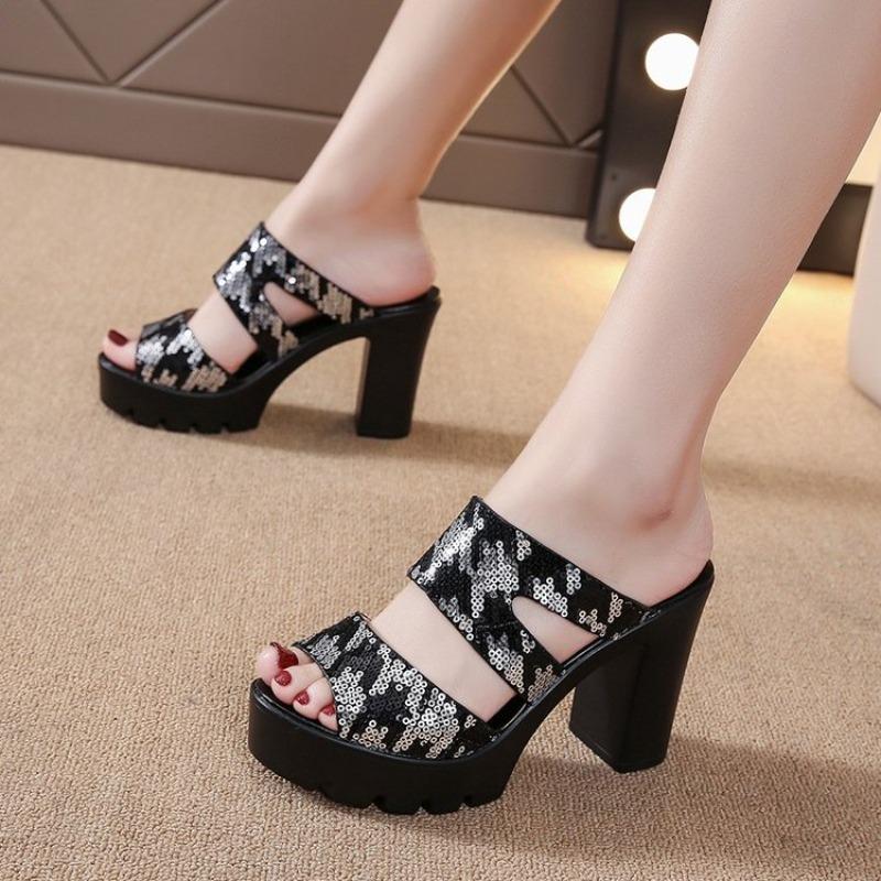 2026 New European and American Summer Sexy Women's High Heel Slippers Wearing Fish Mouth Open Toe Thick Heel Thick Sole Sandals