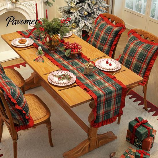Holiday Home Table Linens Retro Plaid Christmas Runner, Red Ruffled Trim Decorative Mat, Classic British Style Flag & Green Mat for Dining,