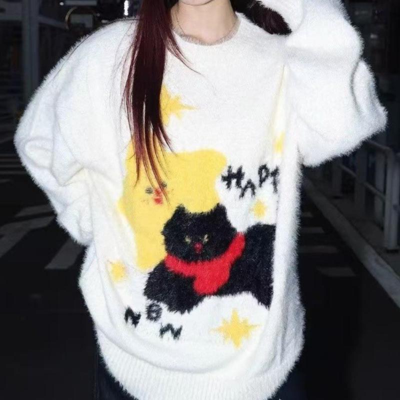 

Женский милый свитер с кошкой и звездой, американский ретро, свободный вязаный топ, осенний, универсальный, модный женский пуловер XL белый