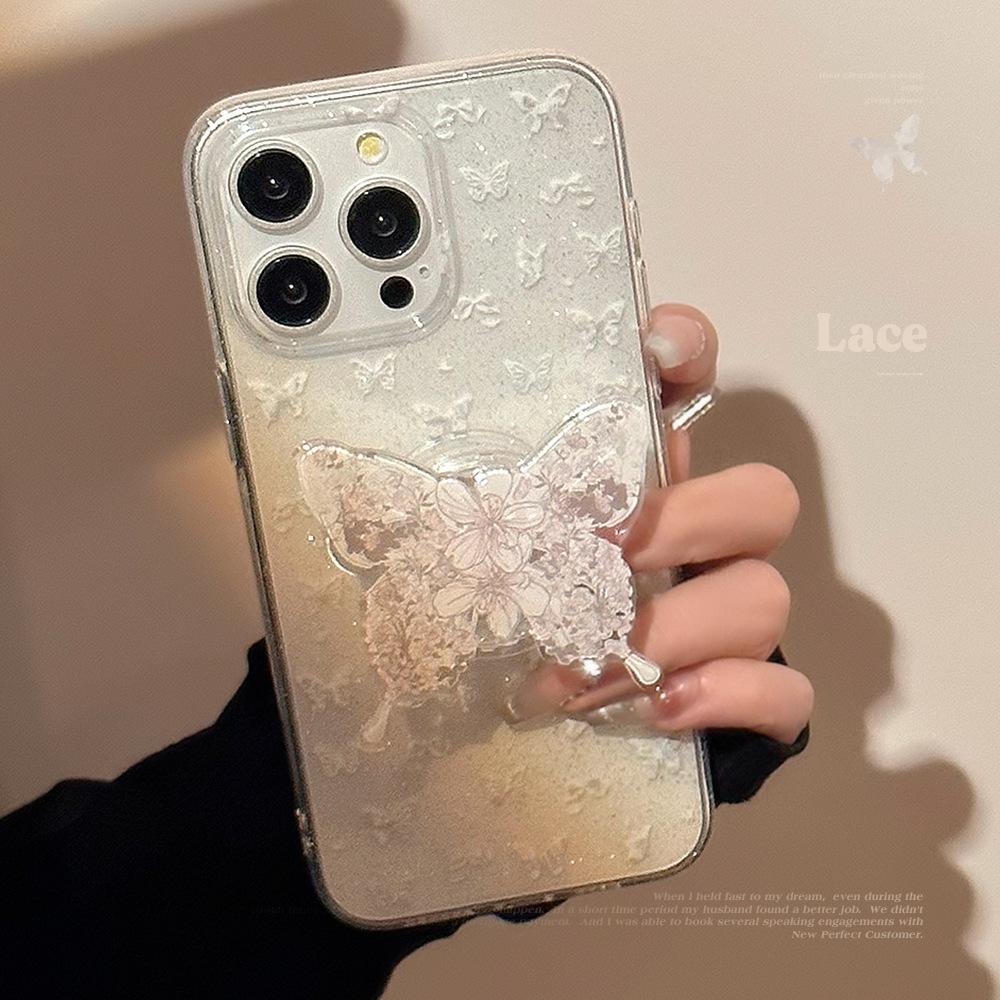 Temperament Ins White Butterfly Stand Apple 16 Mobile Phone Case 15 Glitter Powder Iphone14pro Max Suitable for 11 Fairies