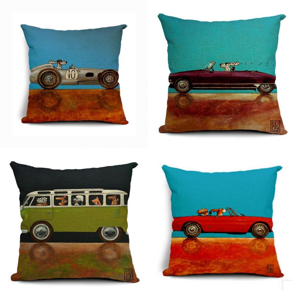 Vintage Car Dog Print Pillow Case In Beautiful Cotton Linen For Stylish Home Decor