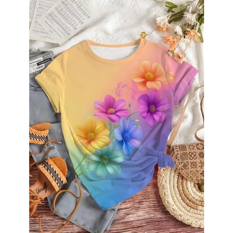 Plus-Size Women's Breathable Stretchy Short Sleeve Crew Neck T-Shirt - Vibrant 3D Floral & Butterfly Print, Summer Casual Daily Ladies T Shirts