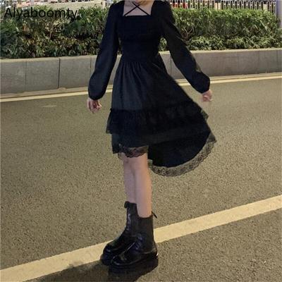 Yeni Gotik Kadın Siyah Peri Parti Elbise Çapraz Kare Yaka Lolita Prenses Düzensiz Elbise Sevimli Kawaii Dantel Ruffles Şık Elbise