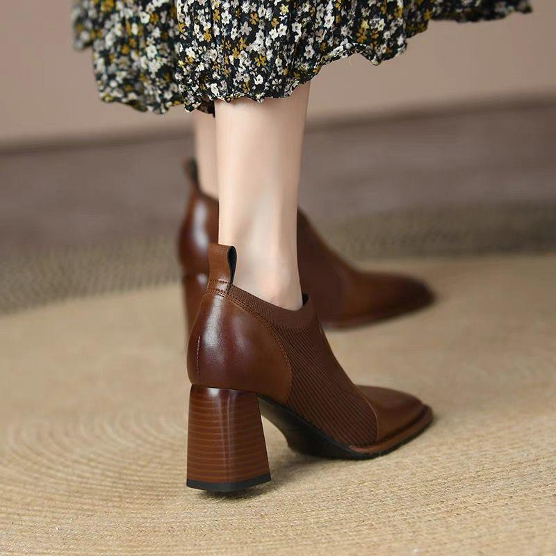 Fashion FHANCHU 2025 New Women Retro Naked Boots,Stretch Knitted Autumn Shoes,Slip on,Square High Heels Ankle Botas,Black,Brown.Dropship
