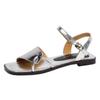 Silver one-word open-toed sandals women's flat summer new leather versatile sandals